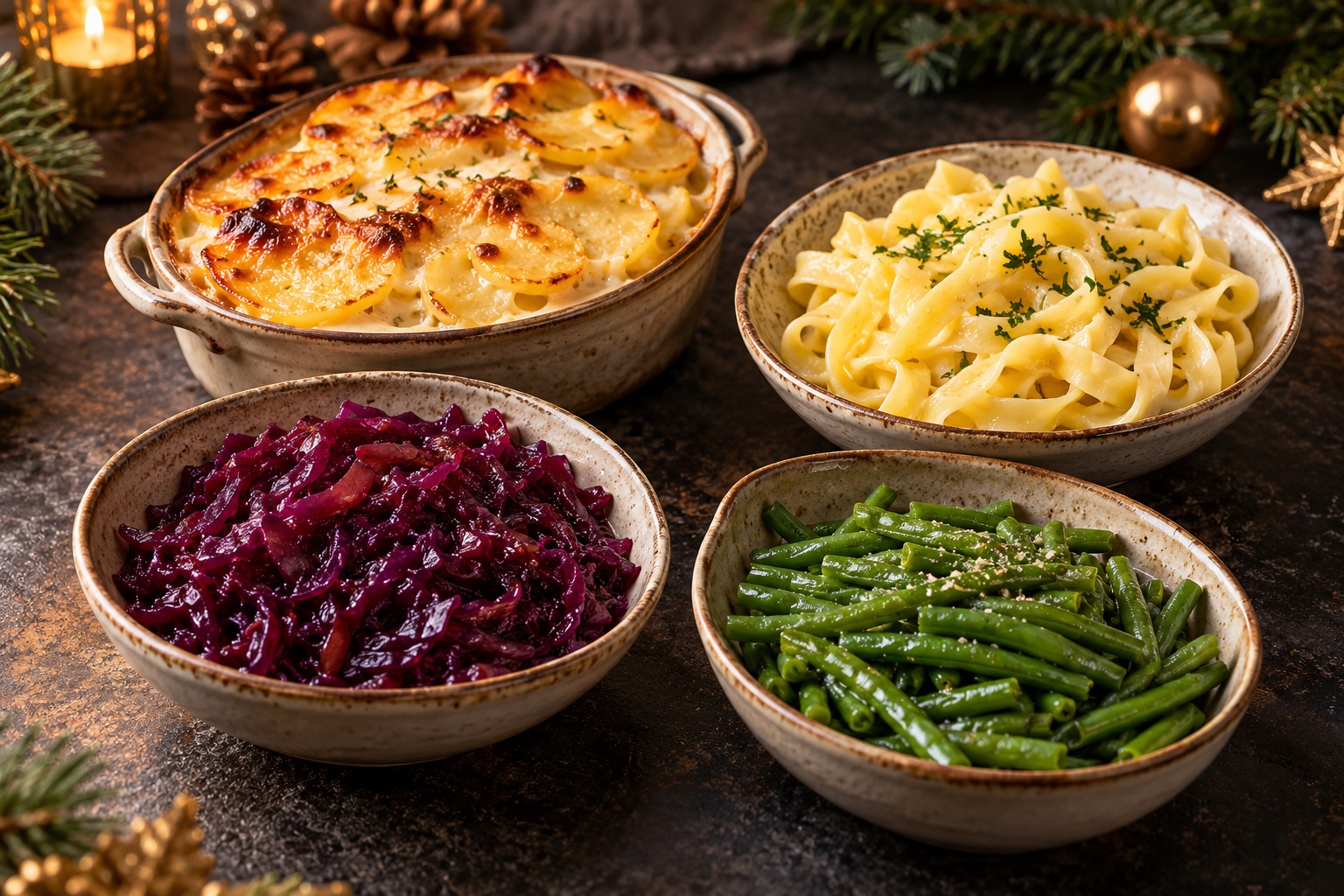 Kartoffelgratin, Nudeln, Rotkohl und Böhnchen als weihnachtlicher Serviervorschlag