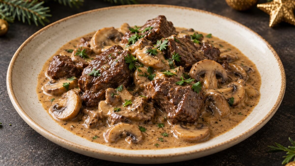 Hirschragout mit Champignon-Rahmsauce – Weihnachtsmenü 2026 der Fleischerei Gerrards in Aachen, KI-generierter Serviervorschlag