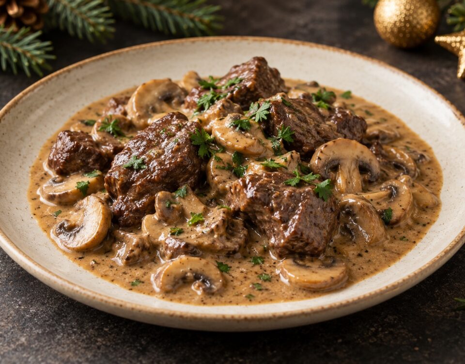 Hirschragout mit Champignon-Rahmsauce – Weihnachtsmenü 2026 der Fleischerei Gerrards in Aachen, KI-generierter Serviervorschlag