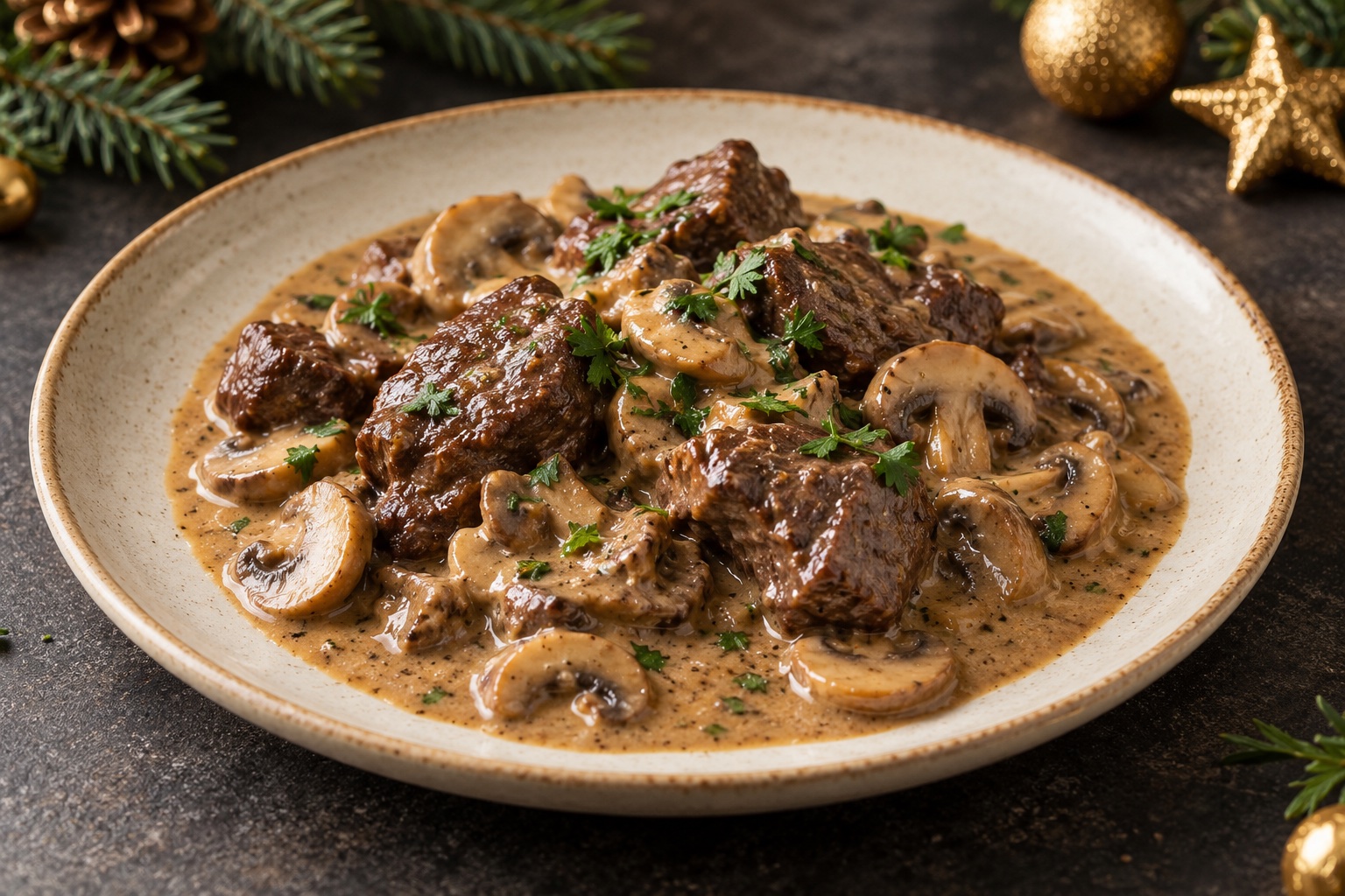 Hirschragout mit Champignon-Rahmsauce, weihnachtlicher Serviervorschlag