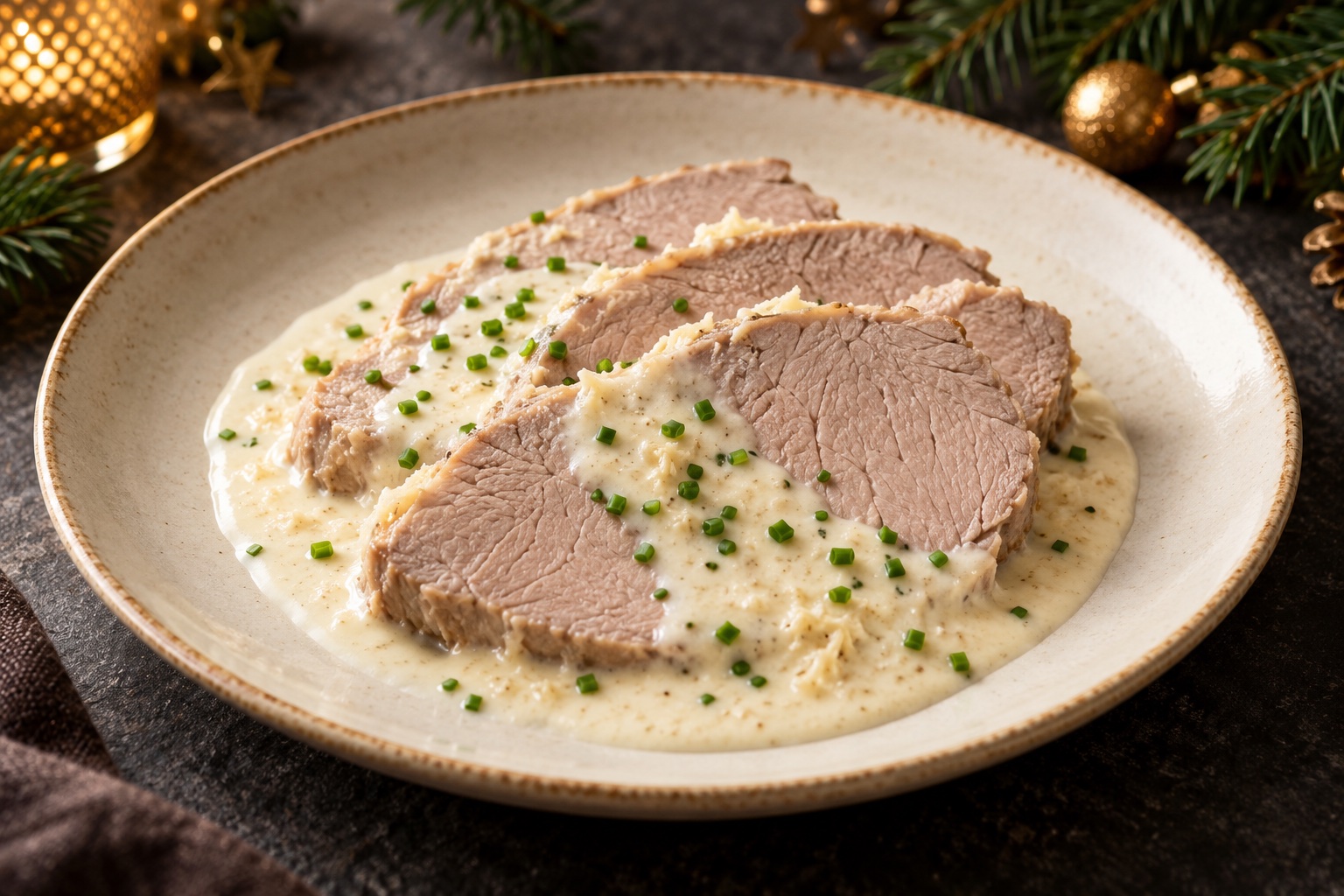 Kalbstafelspitz an Meerrettich-Sahnesauce, weihnachtlicher Serviervorschlag