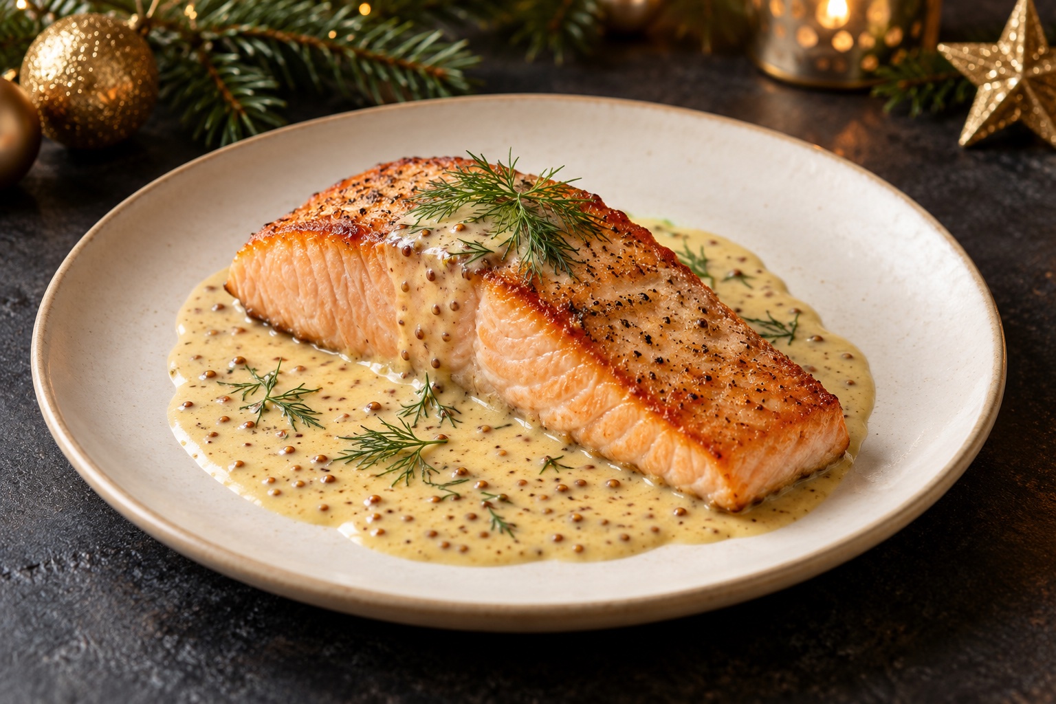 Lachsfilet mit Dijon-Senfsauce, weihnachtlicher Serviervorschlag