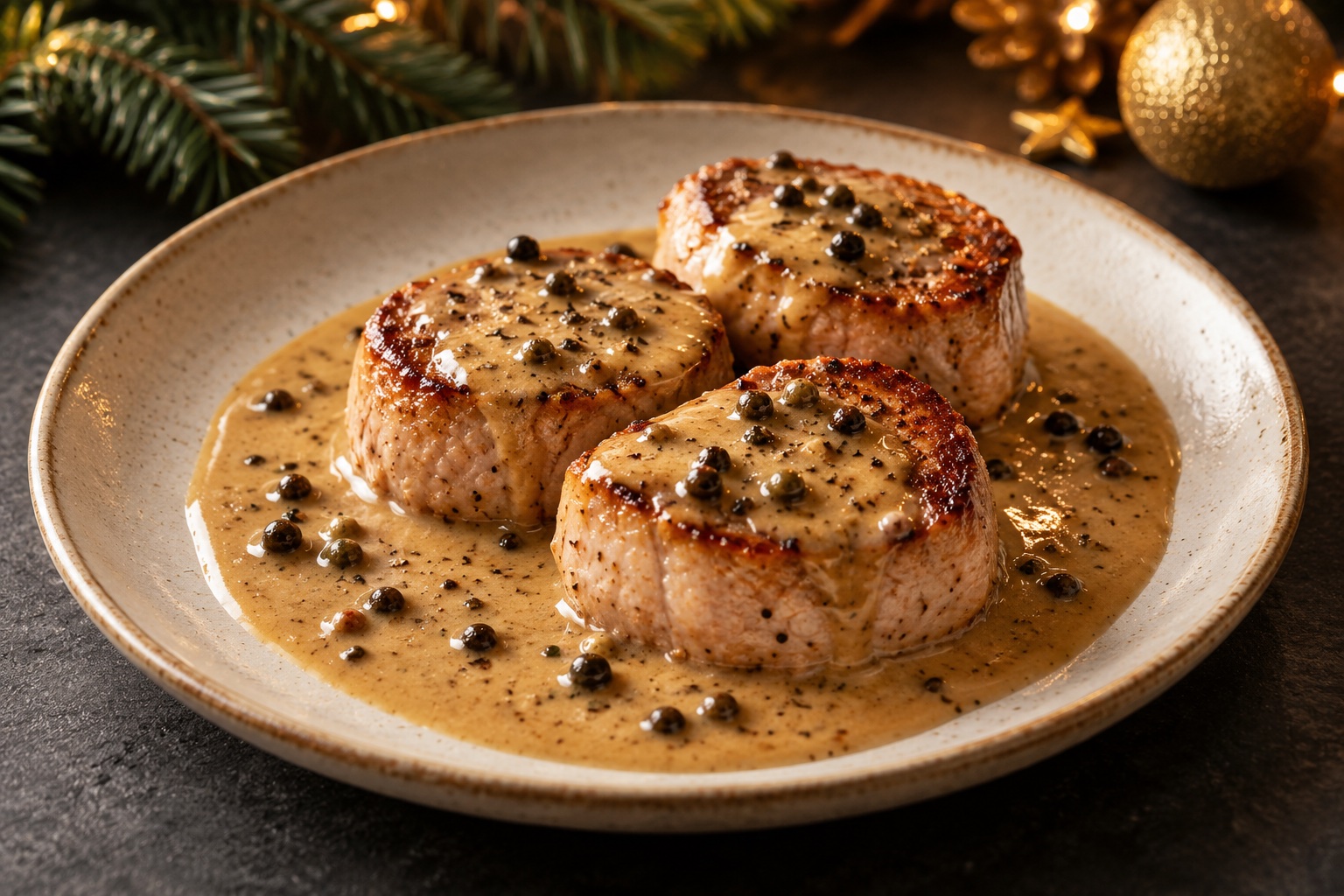 Schweinefilet-Medaillons in Pfeffer-Cognacsauce, weihnachtlicher Serviervorschlag